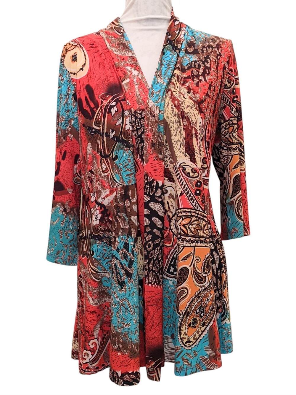 Boho Colorful Knee-length Kimono Cardigan Statement Abstract Fall Winter Sz Med